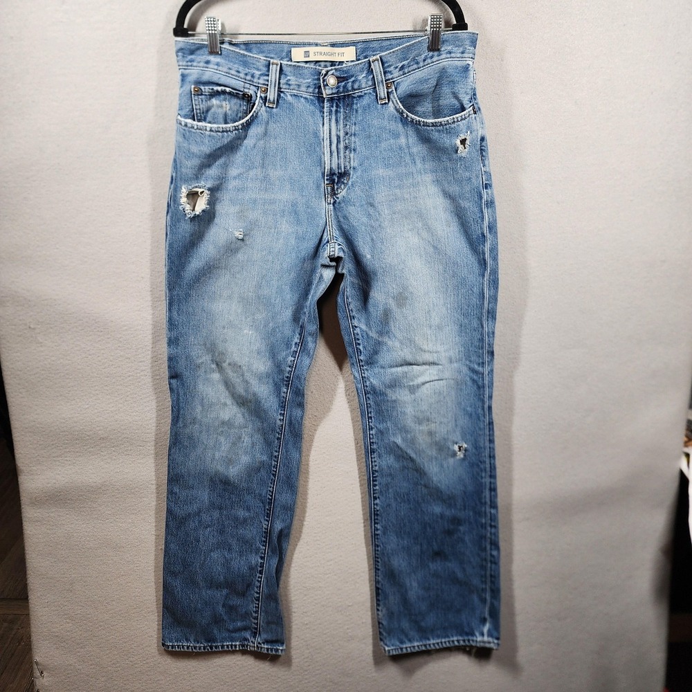 Vintage GAP Men's Straight Fit‎ Jeans 34×31 Distressed Medium Wash Frayed Hems